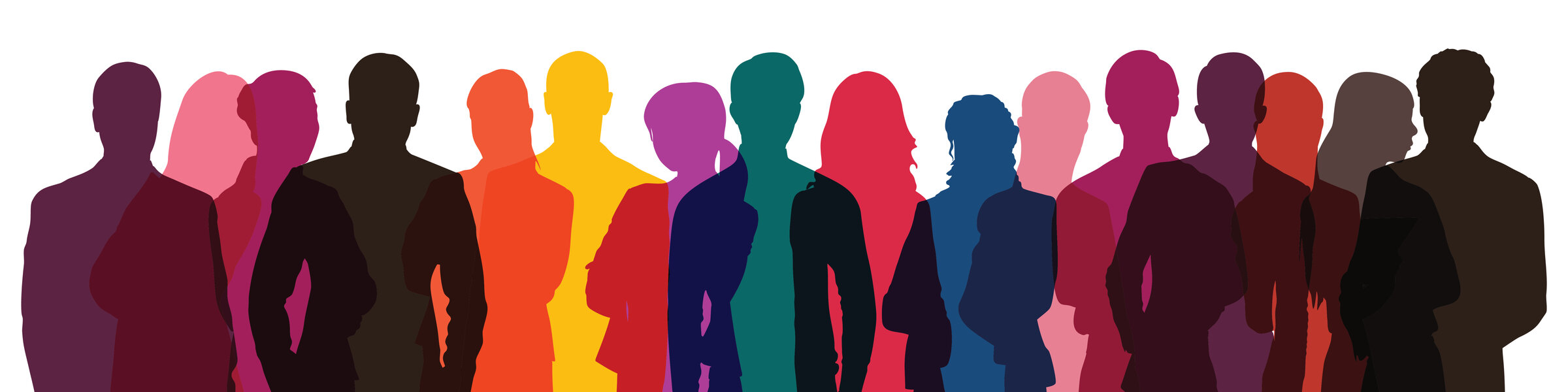 Multi-colored transparent silhouettes of men and women, multiply mode, a group of standing business people. Diverse people group silhouette. Flat vector illustration isolated on background. AdobeStock_1094447341.jpeg